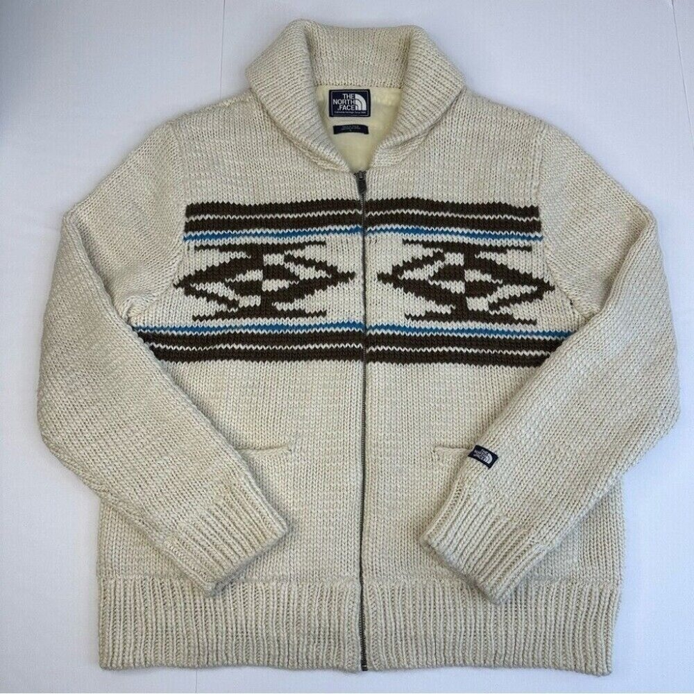 The North Face Mens Aztec Wool Blend Lined Full Zip Shawl Cardigan Cream Large
